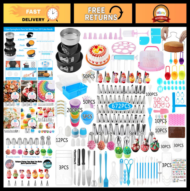 672 Pcs Cake Decorating Supplies Set with Carrier, Piping Nozzles & Organizer