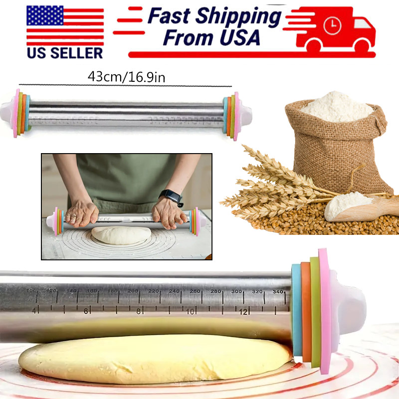 Stainless Steel 16.9 inch Adjustable Rolling Pin With Thickness Ring Non Stick
