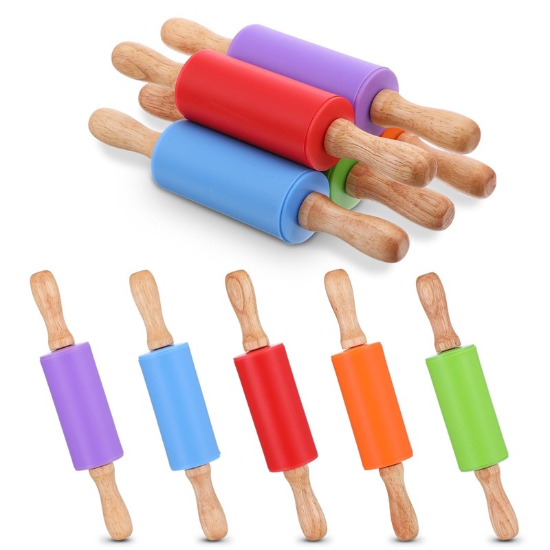 10 Pcs 9 Inch Mini Rolling Pin for Kids, Silicone Wooden Non-Stick Cooking Pi…