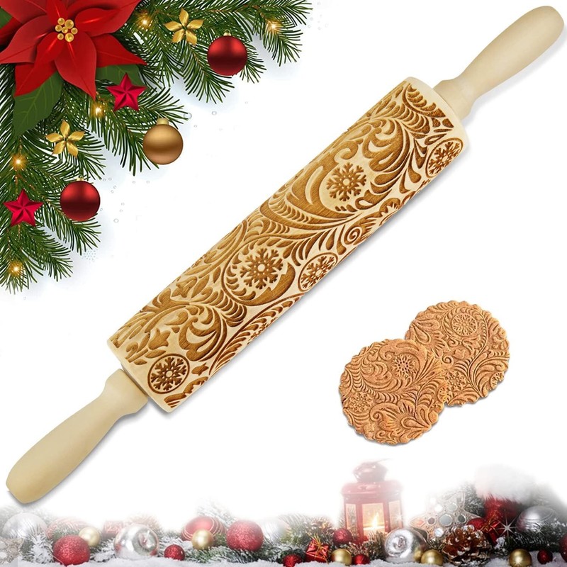 Wooden Engraved Rolling Pin With Christmas Snowflake Designs For Baking Cookies