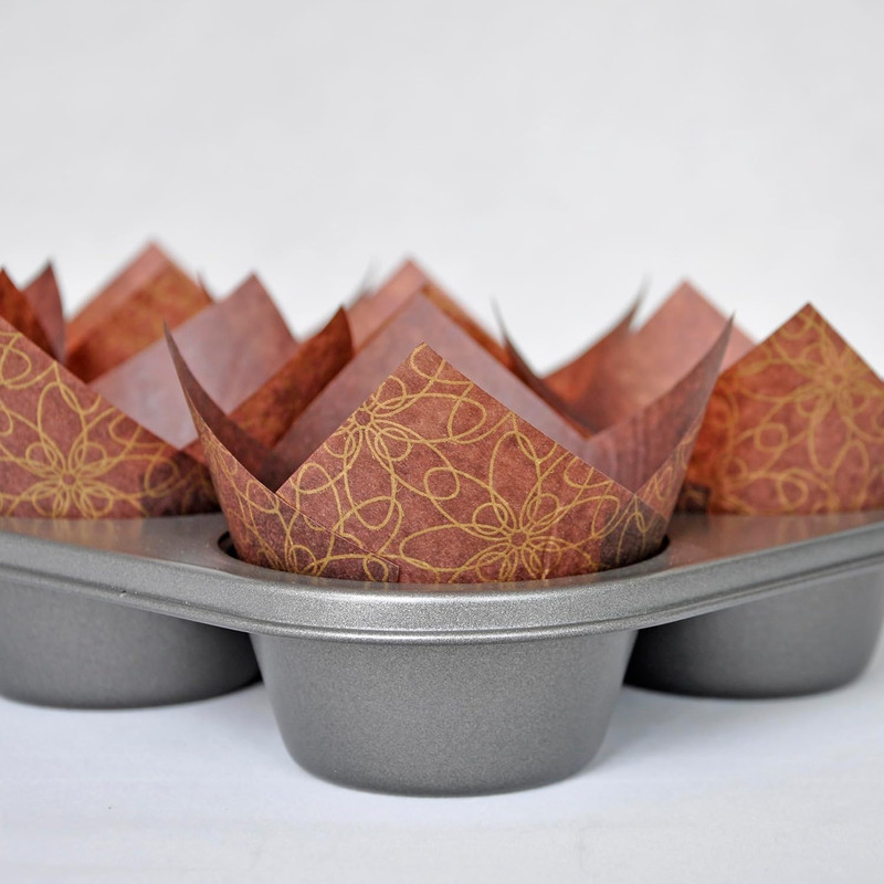 (JUMBO Large Size) Brown Golden Pattern Tulip Baking Cups 2-1/4"(Base Diameter) gallery