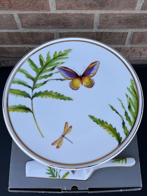 CHARTER CLUB GRAND BUFFET Porcelain Butterfly/Dragonfly Gold Rim Cake Stand Set gallery
