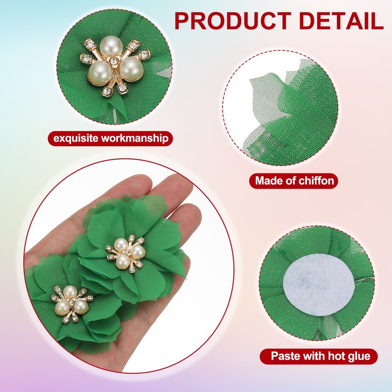 2.36 Inch Rhinestone Chiffon Flower, 15 Pcs Fabric Appliques, Green gallery