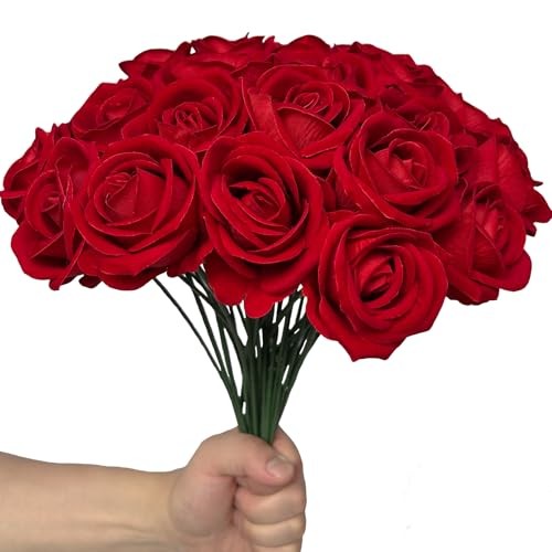 FagusHome 30 Pcs Silk Rose Artificial Flowers Roses Bulk Bouquet Fake Red gallery