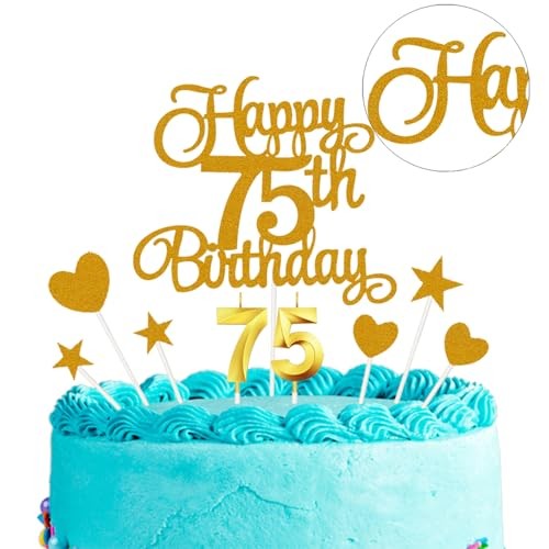 75th Happy Birthday Cake Decoration, 75th Birthday Candle Glitter Cake Golden gallery