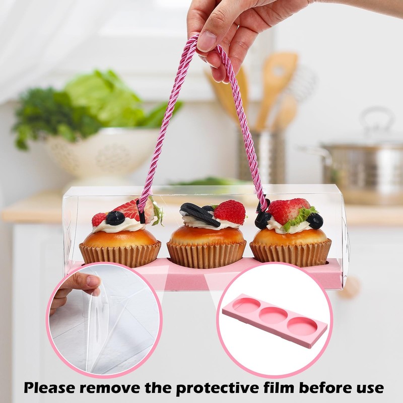Clear Cupcake Boxes 3 Compartments Pastry Packaging Pink 9x3x3 Inch 40 PCS gallery