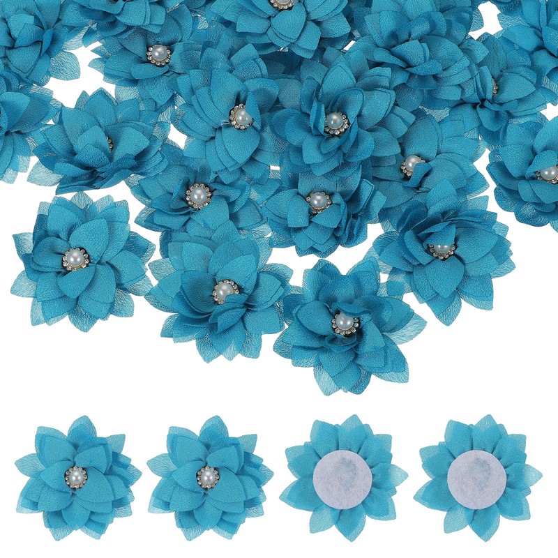 15Pcs 2″ Fabric Flowers Rhinestone Pearls Sewing Fabric Flowers Blue