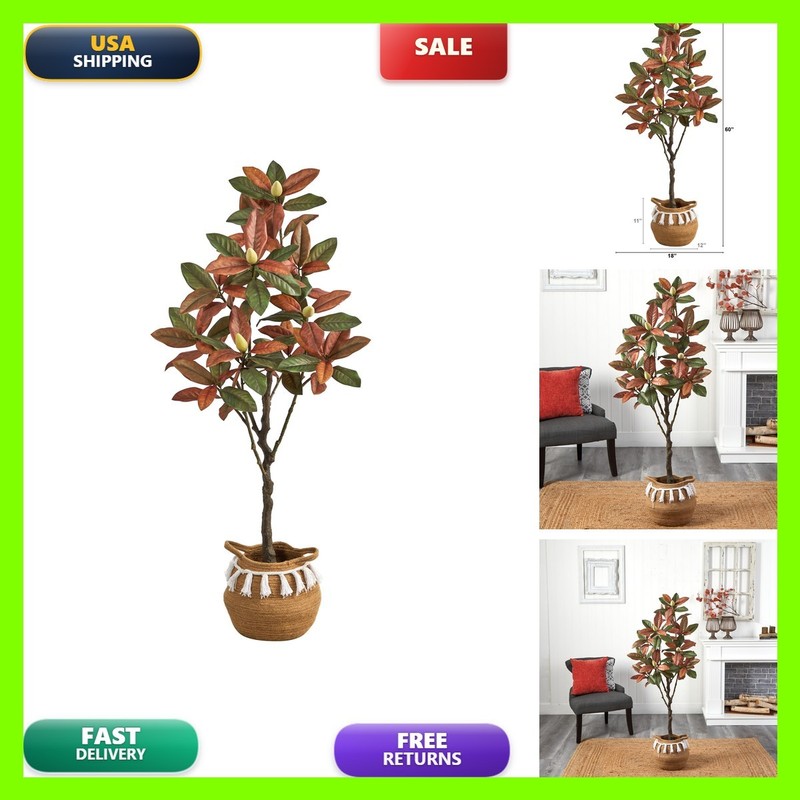 Nearly Natural T3551 5ft Artificial Fall Magnolia Tree Jute Cotton Basket