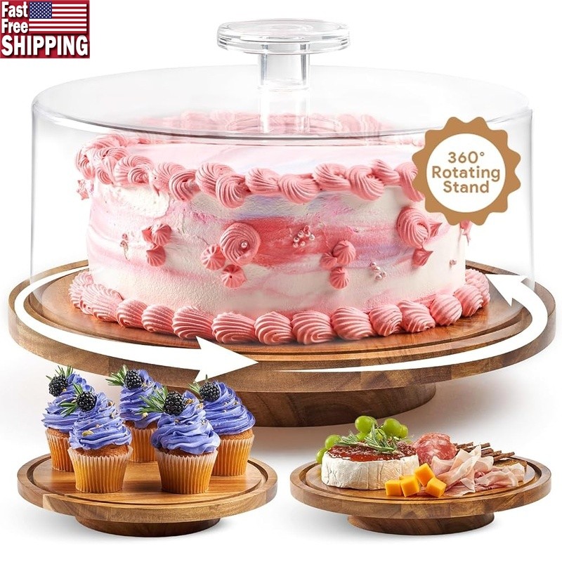360 Rotating Cake Stand W/ Lid Acacia Wood Display Shatterproof Turntable New