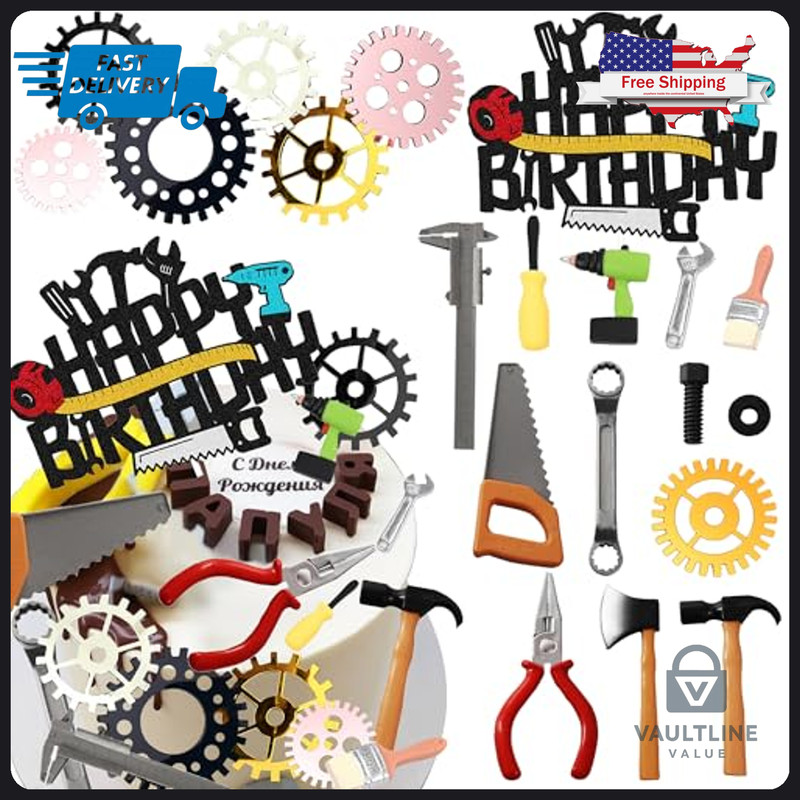 19 Piece Tool Themed Cake Topper Set for Construction Birthday Parties