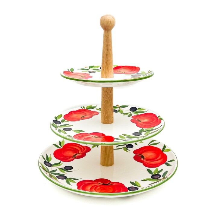 Bassano Ceramic Tiered Stand 3-Tier 37 CM Tomatoes With Olive Motif From Italy