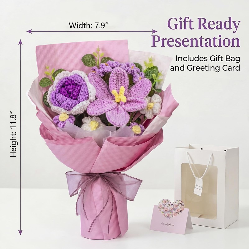 Busymouth Crochet Flower Bouquet Purple Handmade Knitted Flowers Lily And Rose gallery