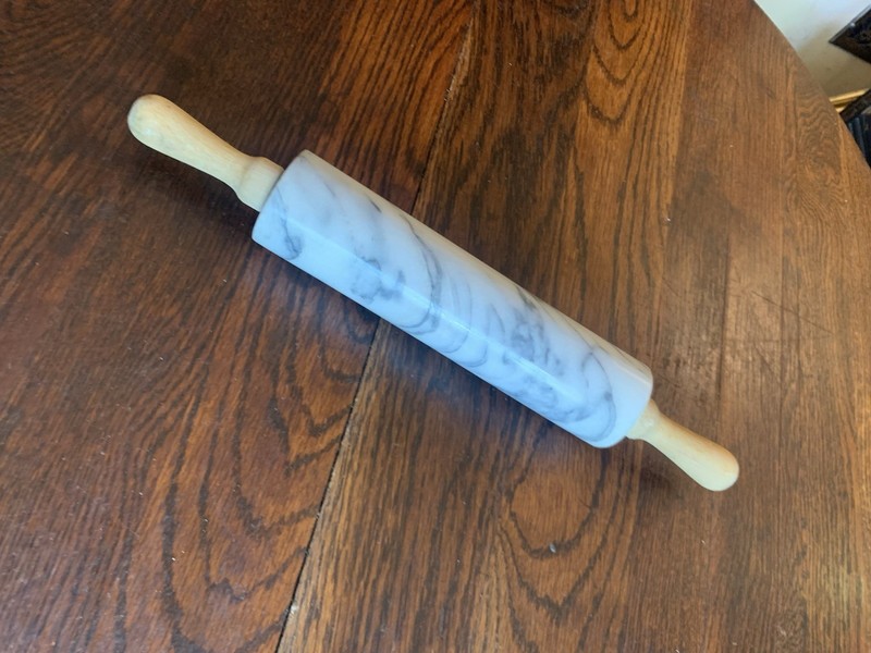 White Gray Marble Rolling Pin 17.25” Long Barrel 10” Wood Handles Heavy Kitchen
