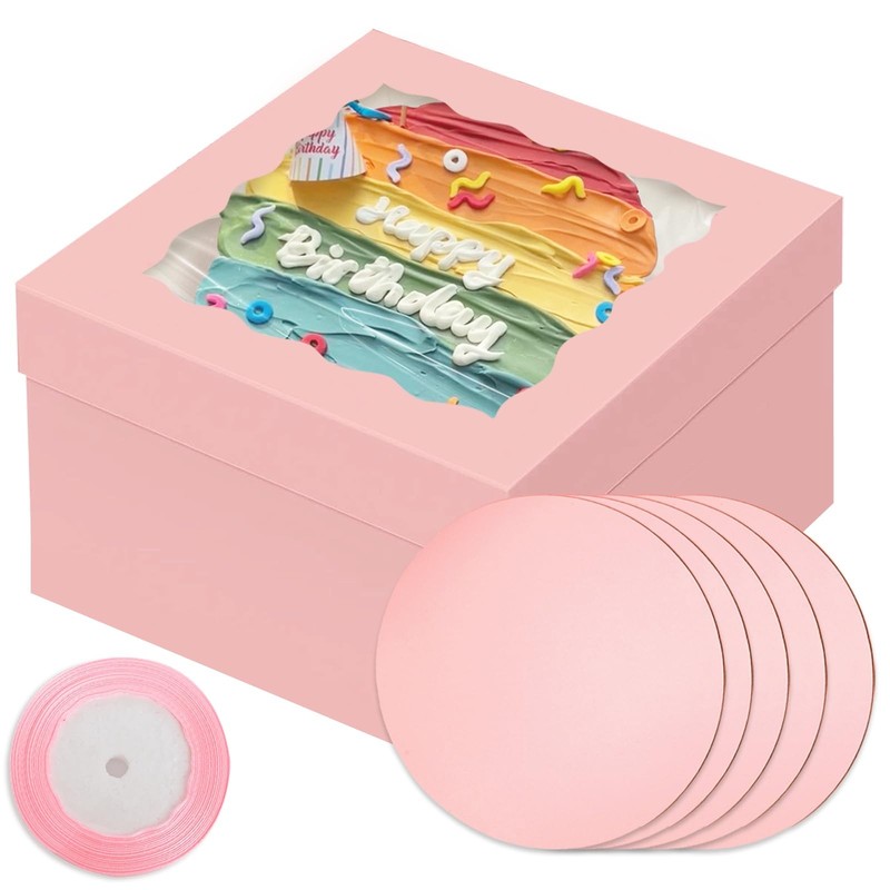 18 Sets 12x12x8 Inch Pink Cake Box Window 12 Inch Boards Ribbon Container