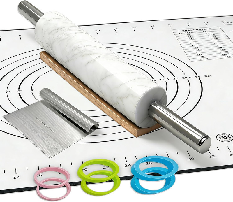 White Marble Rolling Pin with Stainless Steel Handles Baking Set – Silicone Baki