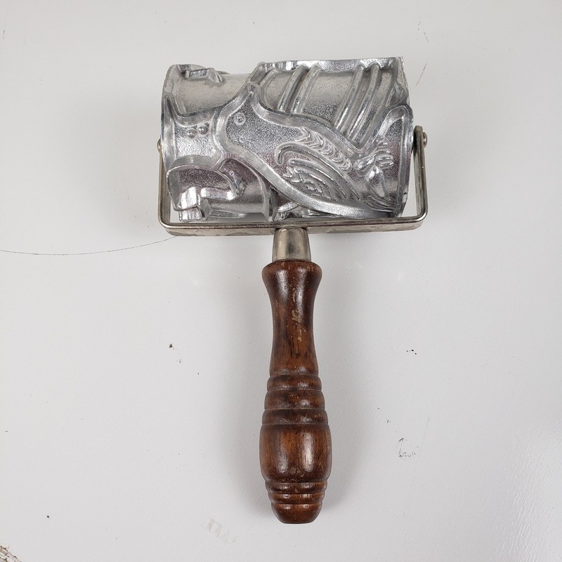Vintage Monopol Cookie Roller Aluminum Embossed Designs Wood Handle 4 Inch gallery