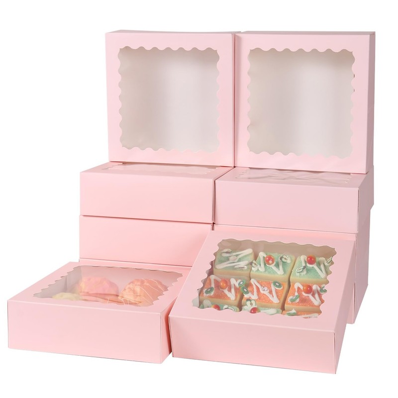 36 Pcs Pink Bakery Boxes 10x10x2.5 Inch with Window Cookie Pastry Dessert