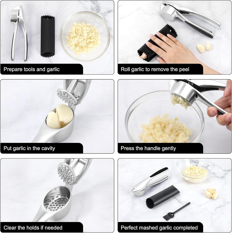 Garlic Press with Silicone Peeler & Brush - Mincer Tool - Easy to Gray gallery