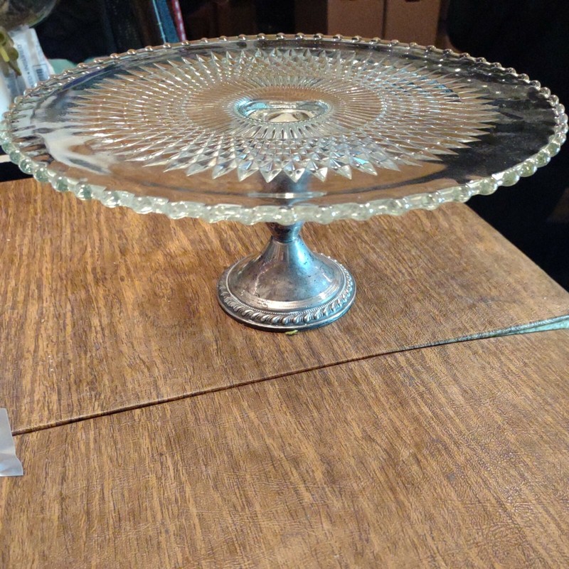 Vintage Duchin Creation Sterling Silver Base Glass Cake Stand w/Beaded Edge
