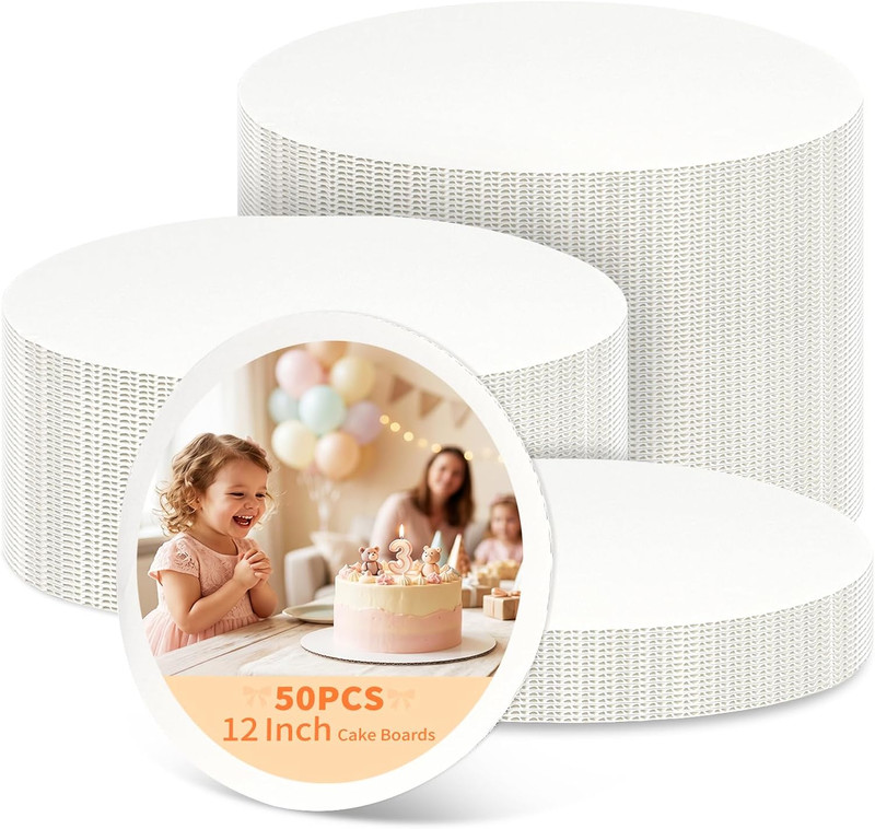 HORLIMER 50 Pack Cake Boards 12 Inch Round, Food-Grade Circle Cardboard Cake Dru