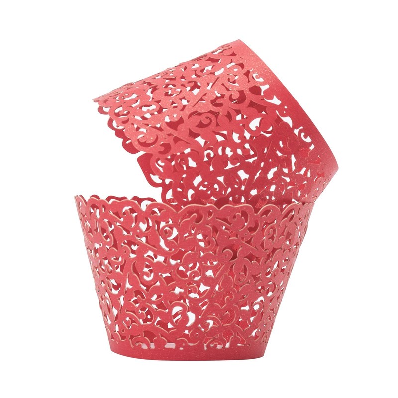 100 Pcs Red Lace Cupcake Wrappers Laser Cut Artistic Bake Cake Paper Cups