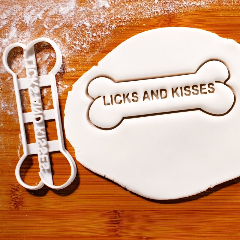 LICKS AND KISSES Dog Bone cookie cutter – pet treats paw pooch bakery adoption