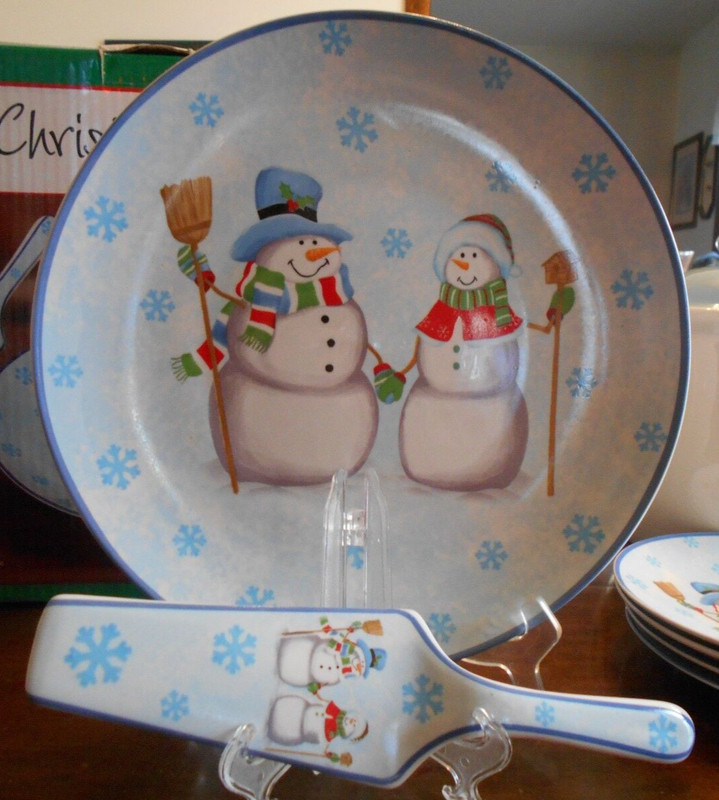 Snowmen Cake Plate Server (12.25″) & Spatula My Christmas Stoneware White Blue !