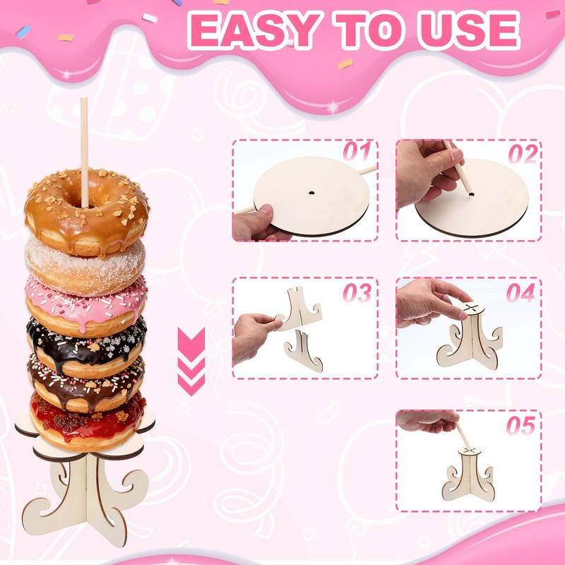 8 Pcs Wood Donut Stands Flower Shape with Bracket for Dessert Table, Natural gallery