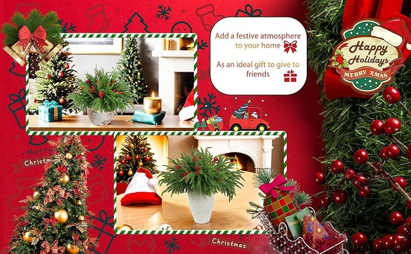 12 Pcs Artificial Norfolk Pine es with 8PCS red Fruits 18" Plastic gallery