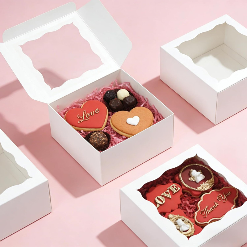 20pcs Cookie Boxes with Window 6x6x3 Inch Bakery Boxes Treat Box Chocolate Straw gallery