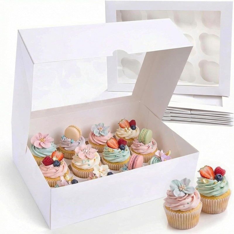VGOODALL 3 White Window Cupcake Box 12 Count Holder