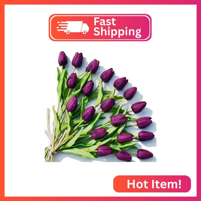 ONLY ART Artificial Purple Tulips 20 Pcs – 13.5 Inch PU Faux Flowers with Bendab