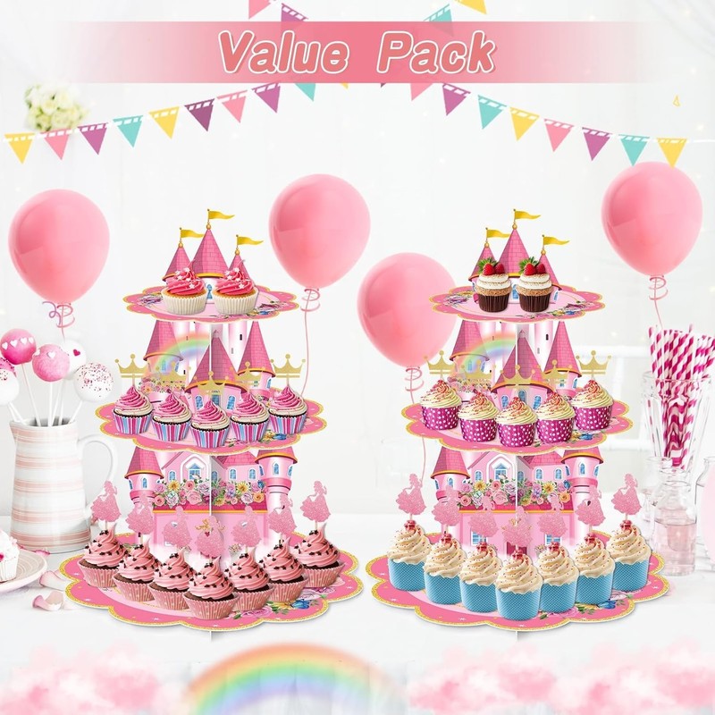 Pink Castle 2-Pack 3-Tier Cupcake Stands for Princess Birthday or Party Decor gallery