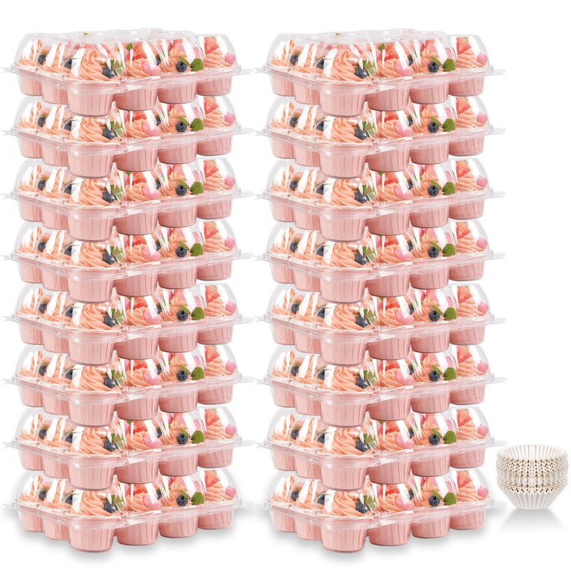 Cupcake Containers Holder – 12 Counts x 16 Sets Stackable Cupcake Boxes Carri…