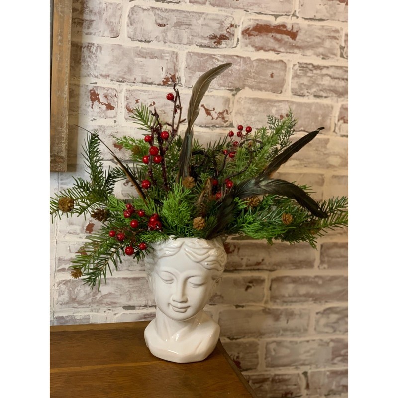 ceramic lady/ girl head, French country planter, face, shabby chic, feathers,
