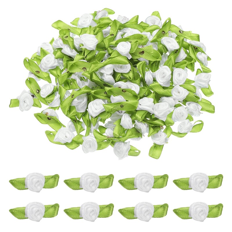 100 Pcs Mini Ribbon Roses Flowers Bows for Crafts, 15mm/0.6" Dia, White