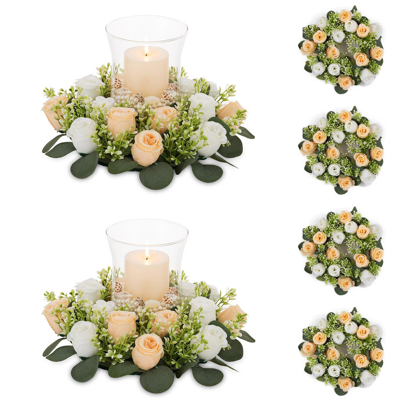Nuptio Artificial Flowers Candle Rings – 6 Pcs 14 Inch Diam Large Champagne