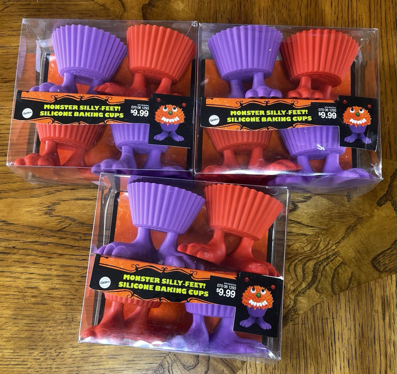 12 Wilton Monster Silly Feet Silicone Baking Cups Purple & Orange New 3 Packs gallery