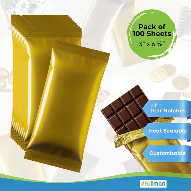 100 Pack Dark Gold 3x6 3/8 Inch Metallized Heat Seal Bags Chocolate Bar Wrapping gallery