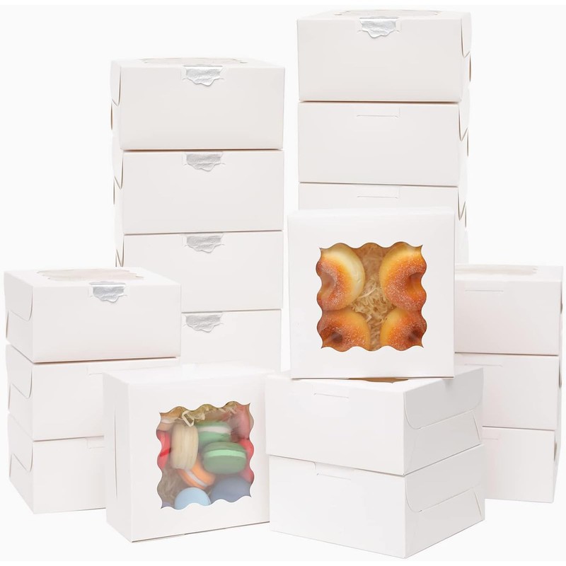 100 PCS White Bakery Boxes Window 6x6x3 Inch Thick Sturdy Macaroon Pastry