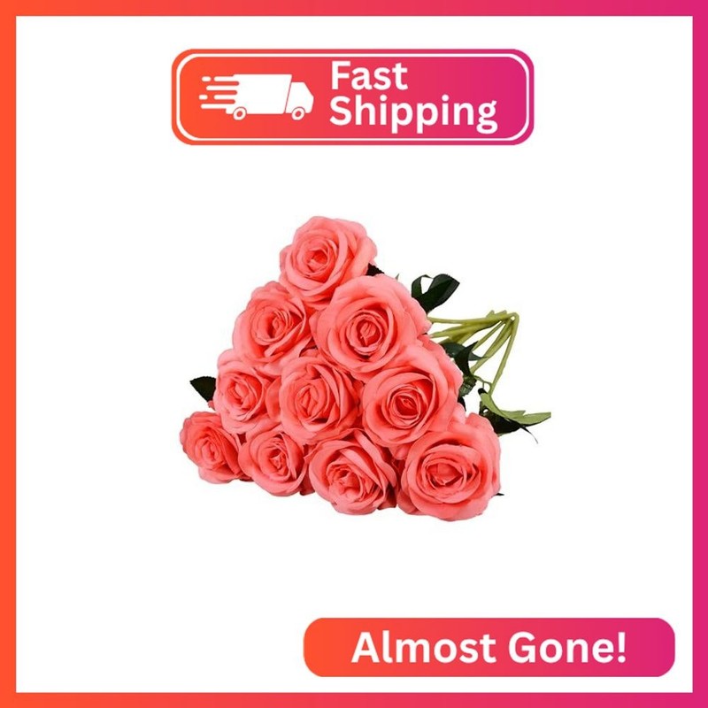 10 Pcs Peach Rose Artificial Flower, Faux Silk Flowers With Long Stems, Fake Ros