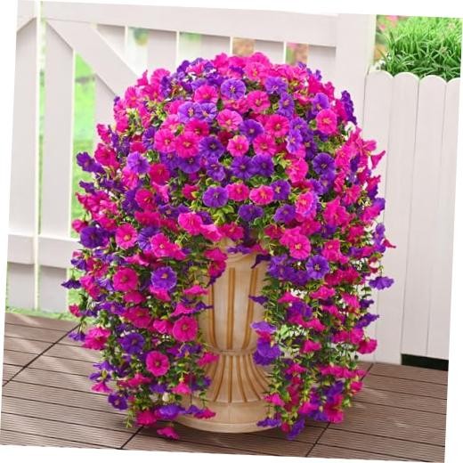 2 Packs Look Real Artificial Flowers for Outdoors, Fake 2 packs Purple+fuchsia