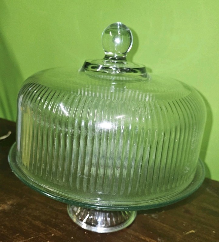 Anchor Hocking Pedistal Cake Punch Bowl Domed 2 In 1 Clear Thick Ribbed 10.5 D