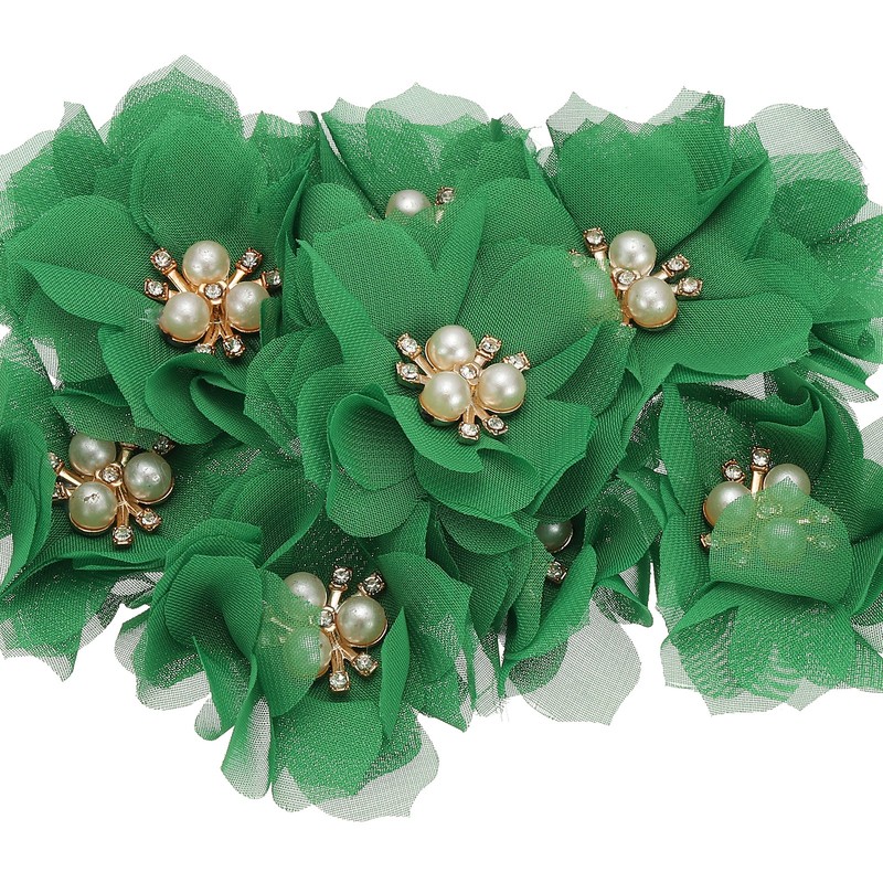 10Pcs 2.36 Inch Rhinestone Chiffon Flower Fabric Appliques Green