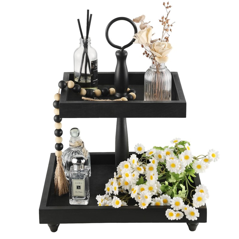 Tiered Tray Stand, Rustic Wooden 2 Tier Decorative 12.6″ x x 16″, Black