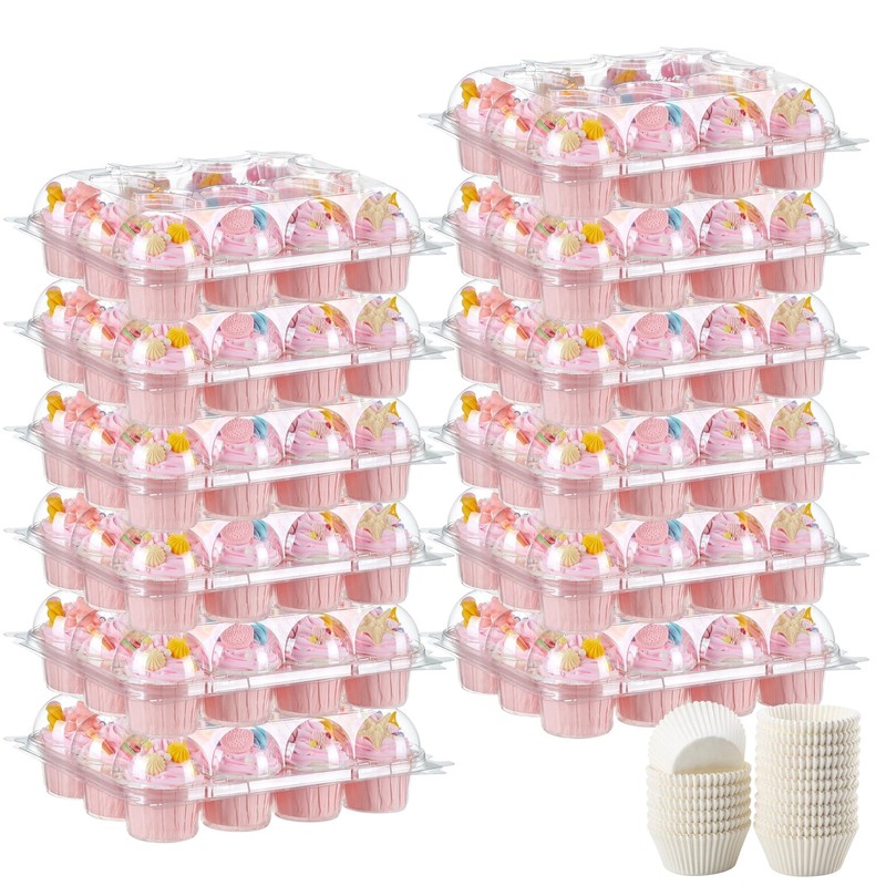 BORPEIN (12 Pack x 12 Sets) Cupcake Containers,Sturdy Strong Cupcake Boxes fo…