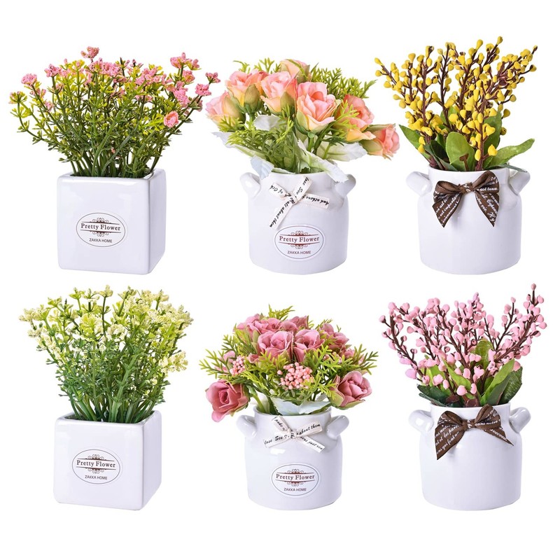 Lueur 6Pcs Artificial Flowers Ceramic Pot Fake Flower Arrangements Small Faux