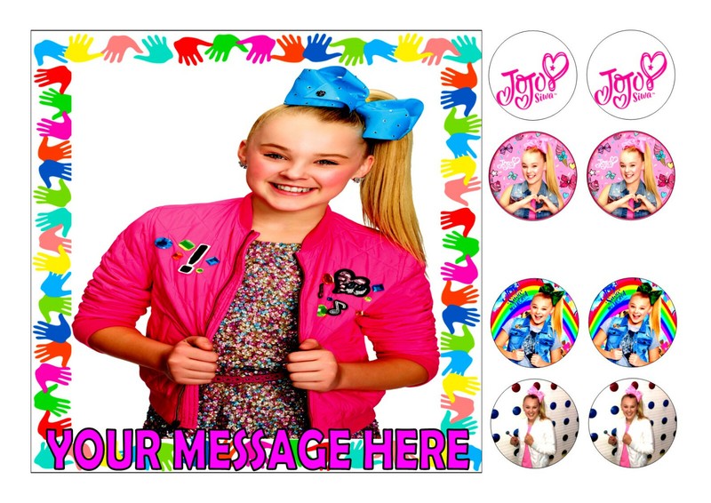 JOJO SIWA BIRTHDAY ICE/ ICING SQUARE 7.5 ins + 8 TOPPERS PERSONALISED