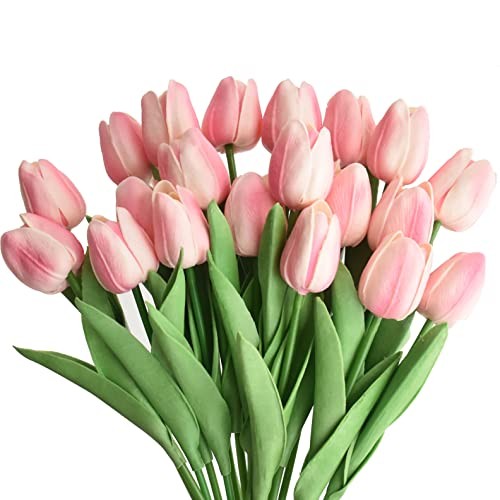20pcs Artificial Tulips Flowers Fake Faux PU Tulip Bouquet Real Light Pink 20 gallery