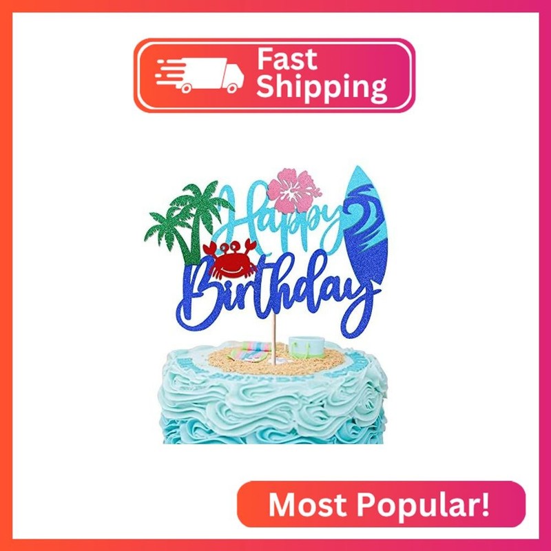 Rsstarxi 1 Pack Beach Happy Birthday Cake Topper Glitter Flower Crab Palm Leaf S